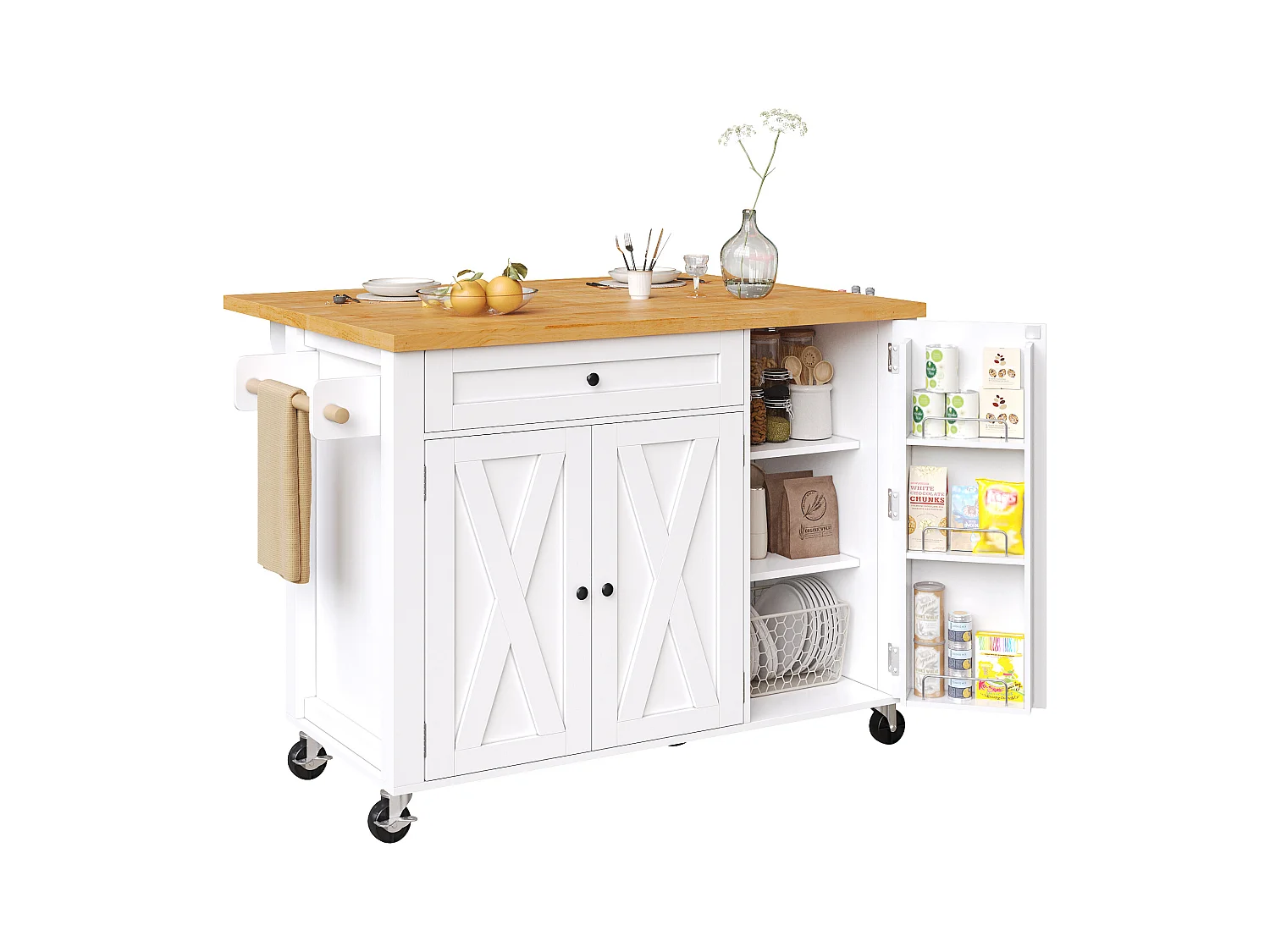 Îlot central extensible à roulettes - 99 x 70 (40) x 90 cm - avec étagères + 3 portes + 1 tiroir - MDF + métal - blanc