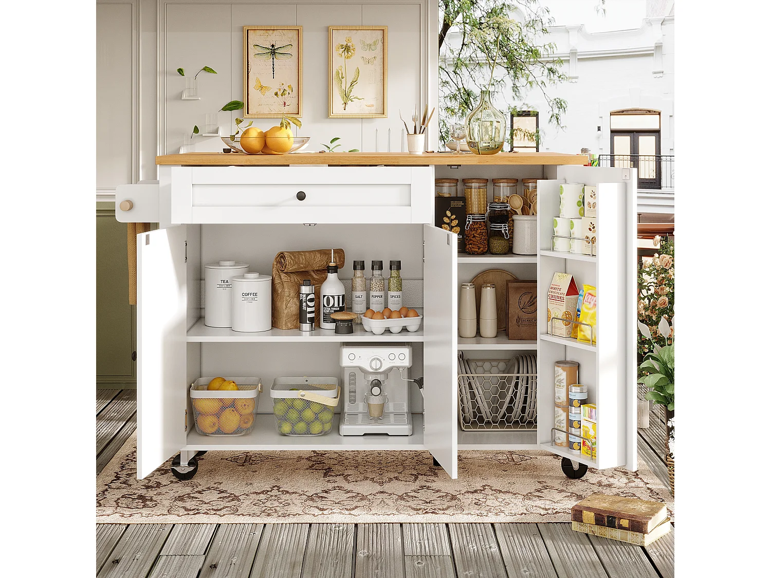 Îlot central extensible à roulettes - 99 x 70 (40) x 90 cm - avec étagères + 3 portes + 1 tiroir - MDF + métal - blanc