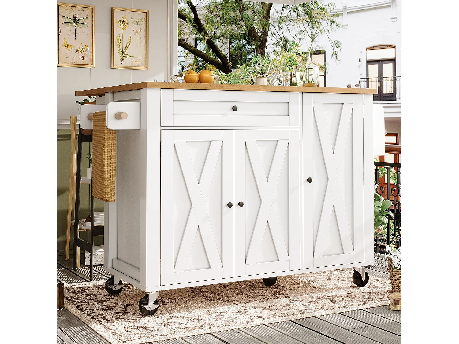 Îlot central extensible à roulettes - 99 x 70 (40) x 90 cm - avec étagères + 3 portes + 1 tiroir - MDF + métal - blanc