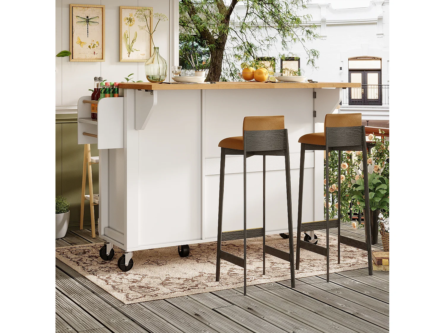 Îlot central extensible à roulettes - 99 x 70 (40) x 90 cm - avec étagères + 3 portes + 1 tiroir - MDF + métal - blanc