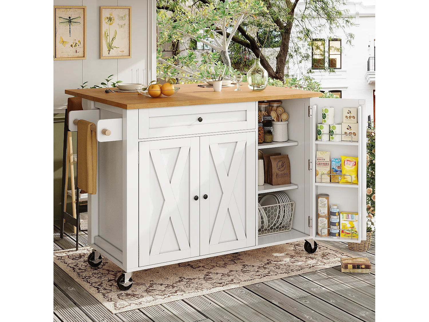 Îlot central extensible à roulettes - 99 x 70 (40) x 90 cm - avec étagères + 3 portes + 1 tiroir - MDF + métal - blanc