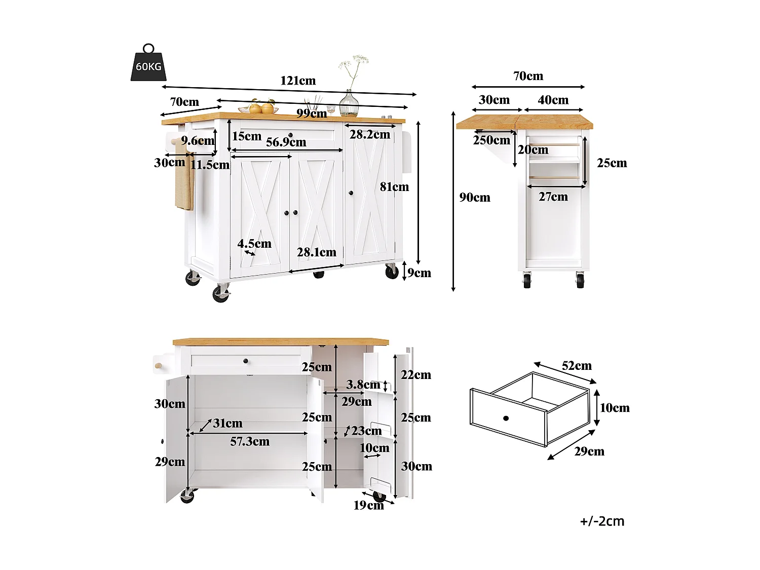 Îlot central extensible à roulettes - 99 x 70 (40) x 90 cm - avec étagères + 3 portes + 1 tiroir - MDF + métal - blanc