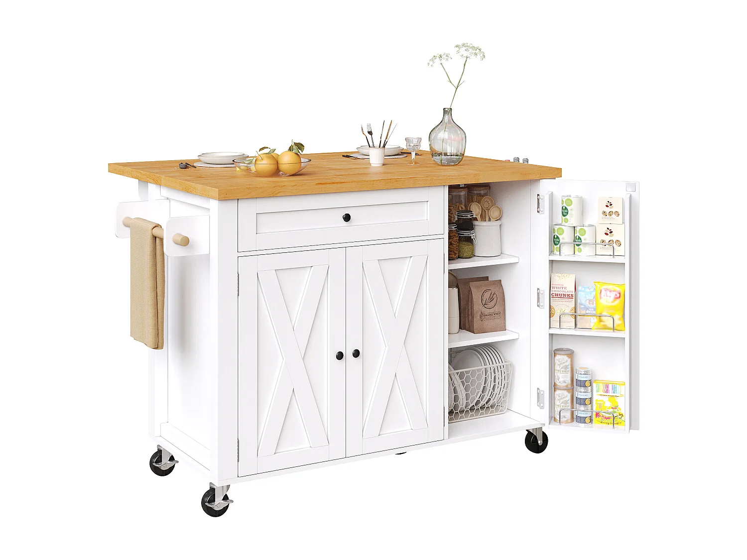 Îlot central extensible à roulettes - 99 x 70 (40) x 90 cm - avec étagères + 3 portes + 1 tiroir - MDF + métal - blanc