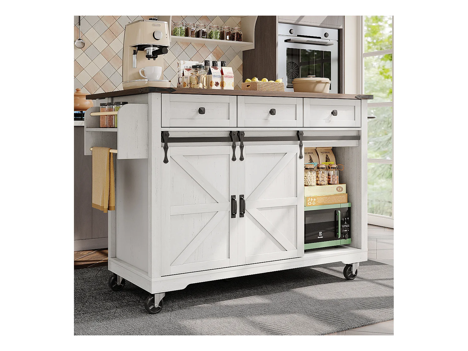 Îlot central à roulettes avec plan de travail extensible - 140 x 45 x 94 cm - avec 2 portes + 3 tiroirs - MDF - beige