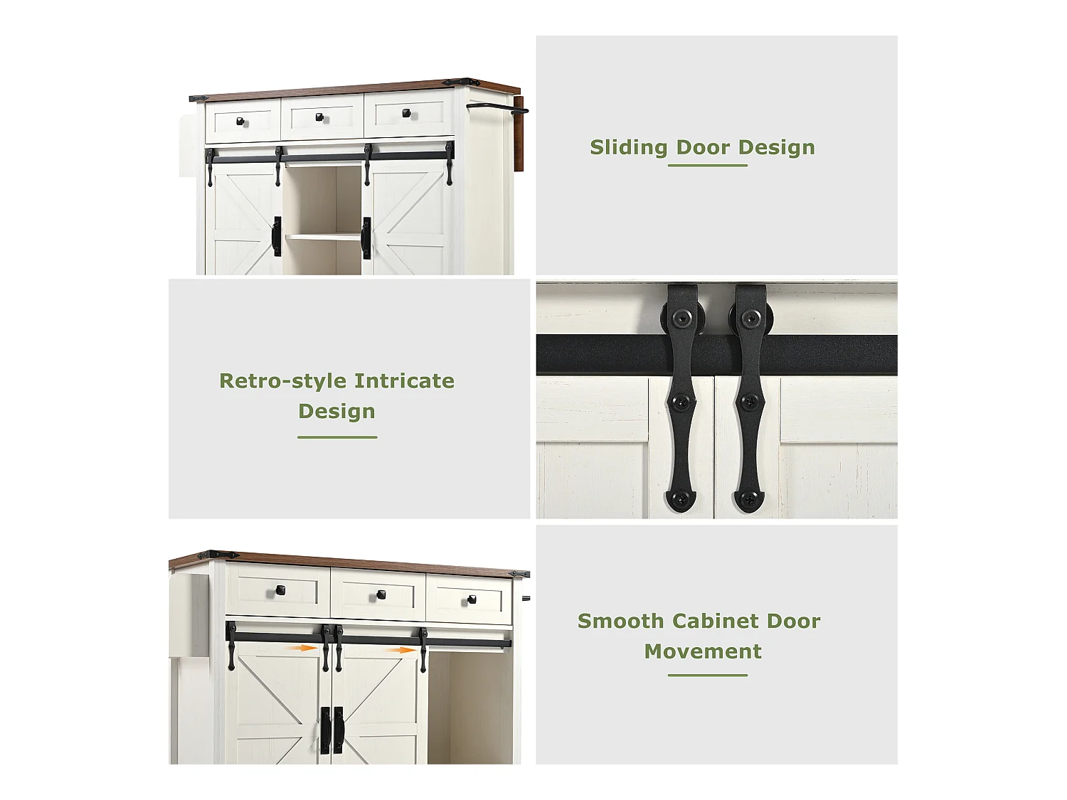 Îlot central à roulettes avec plan de travail extensible - 140 x 45 x 94 cm - avec 2 portes + 3 tiroirs - MDF - beige