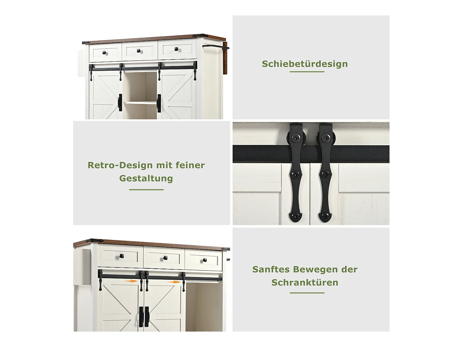 Îlot central à roulettes avec plan de travail extensible - 140 x 45 x 94 cm - avec 2 portes + 3 tiroirs - MDF - beige