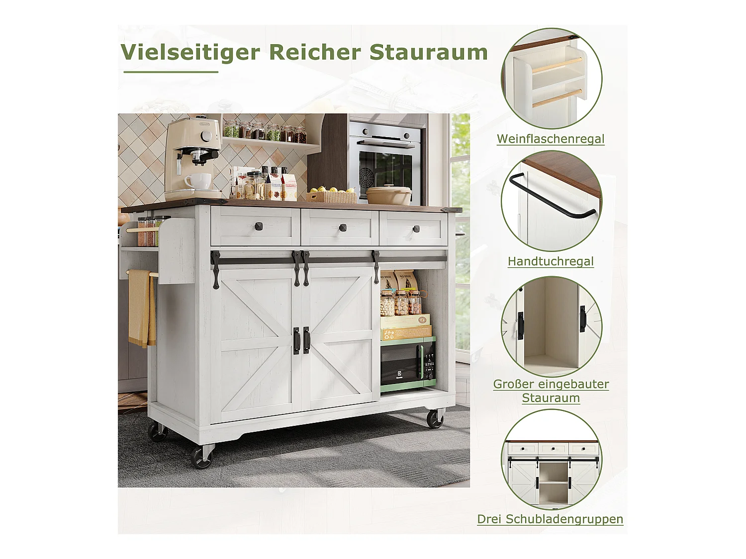 Îlot central à roulettes avec plan de travail extensible - 140 x 45 x 94 cm - avec 2 portes + 3 tiroirs - MDF - beige