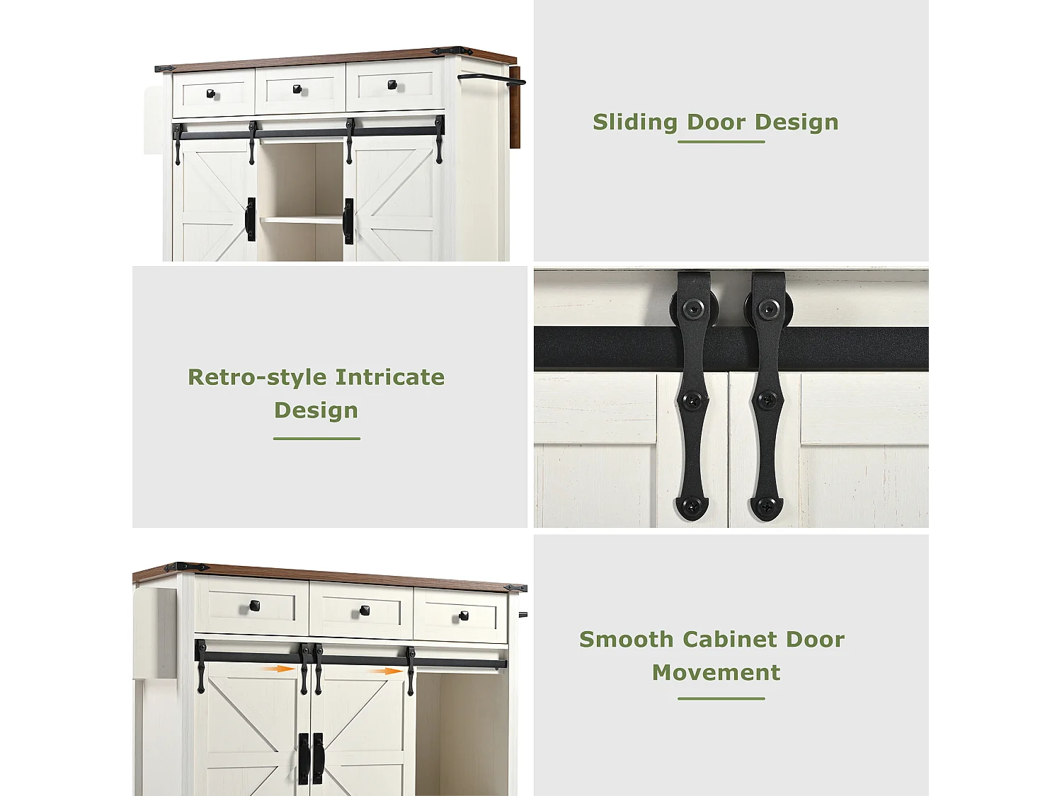 Îlot central à roulettes avec plan de travail extensible - 140 x 45 x 94 cm - avec 2 portes + 3 tiroirs - MDF - beige