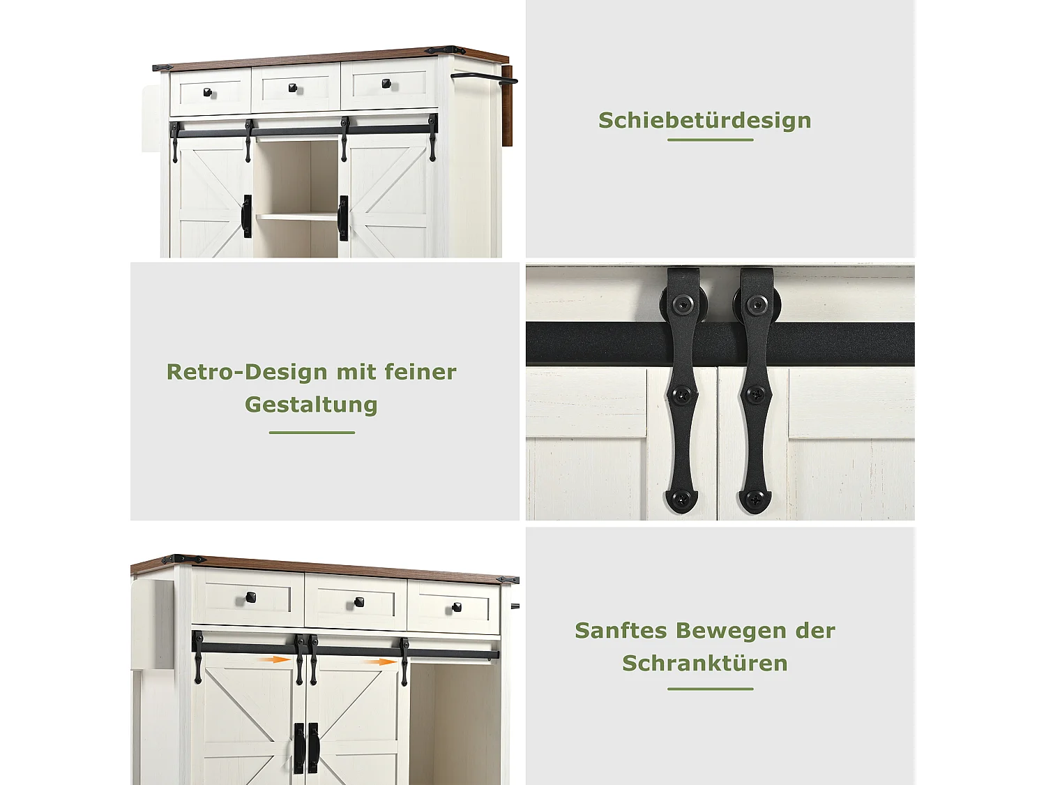 Îlot central à roulettes avec plan de travail extensible - 140 x 45 x 94 cm - avec 2 portes + 3 tiroirs - MDF - beige