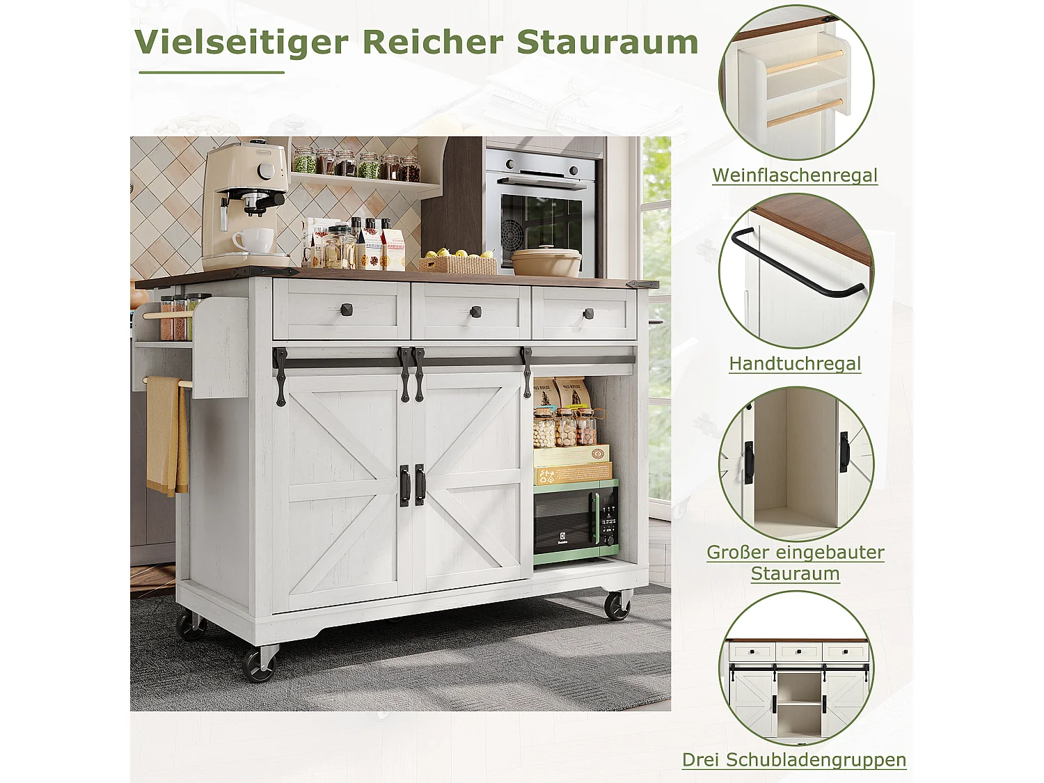 Îlot central à roulettes avec plan de travail extensible - 140 x 45 x 94 cm - avec 2 portes + 3 tiroirs - MDF - beige