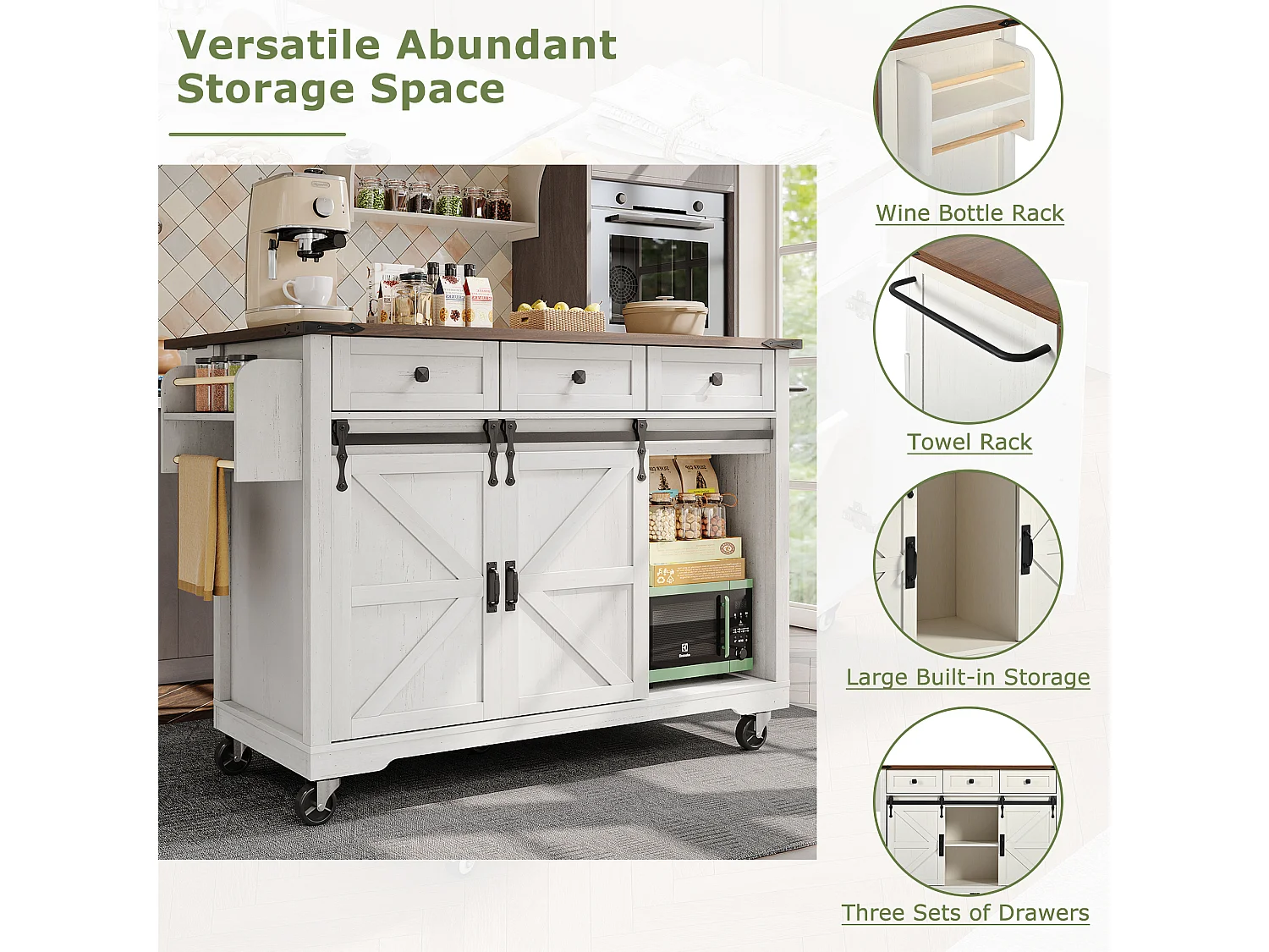 Îlot central à roulettes avec plan de travail extensible - 140 x 45 x 94 cm - avec 2 portes + 3 tiroirs - MDF - beige