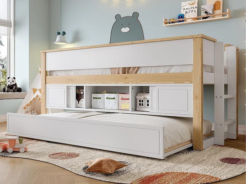 Cama infantil 90x200 cm - con cama nido - múltiples almacenamientos - blanco + natural (colchón no incluido)