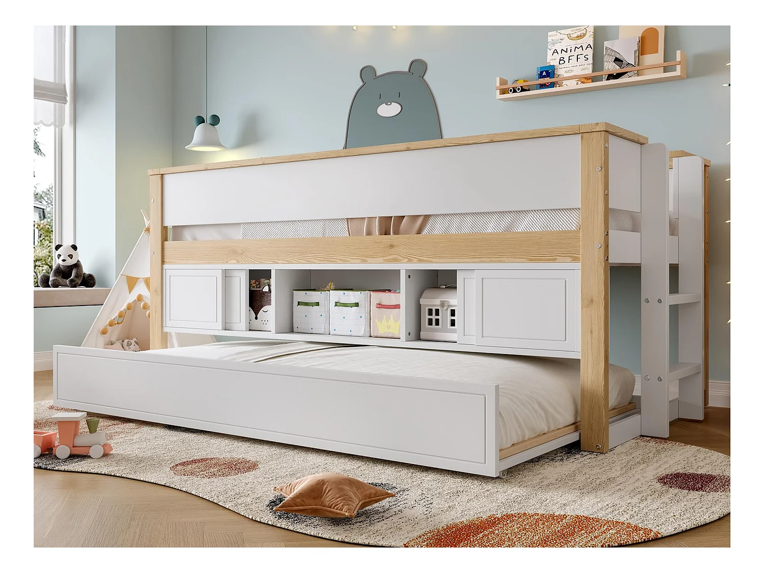 Lit enfant 90x200 cm - avec lit gigogne - multiples rangements - blanc + naturel (matelas non inclus)