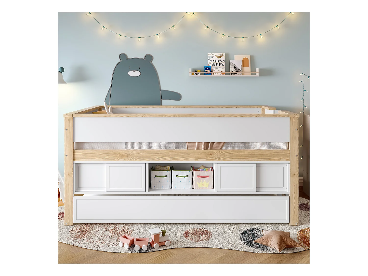 Lit enfant 90x200 cm - avec lit gigogne - multiples rangements - blanc + naturel (matelas non inclus)