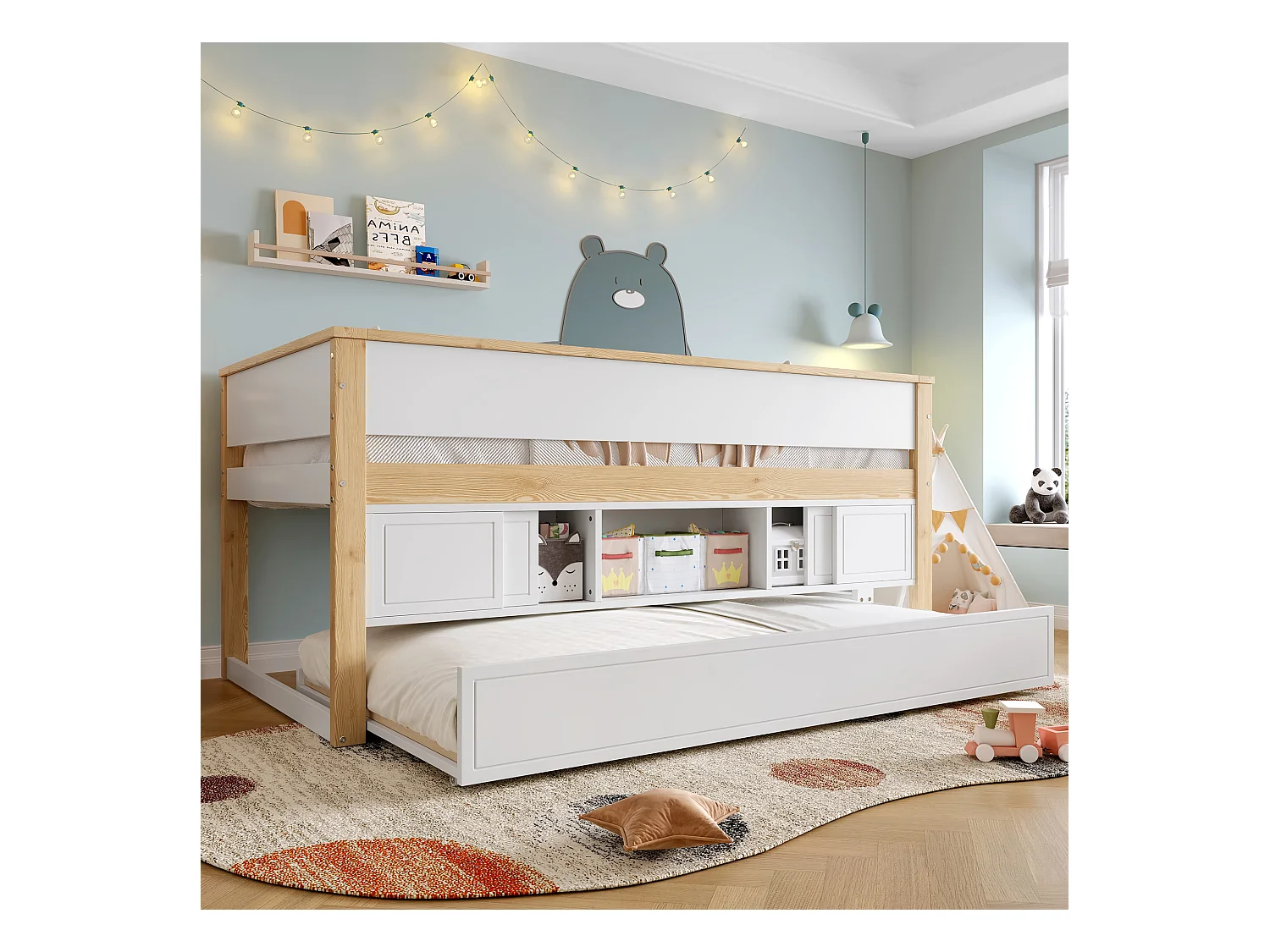 Lit enfant 90x200 cm - avec lit gigogne - multiples rangements - blanc + naturel (matelas non inclus)
