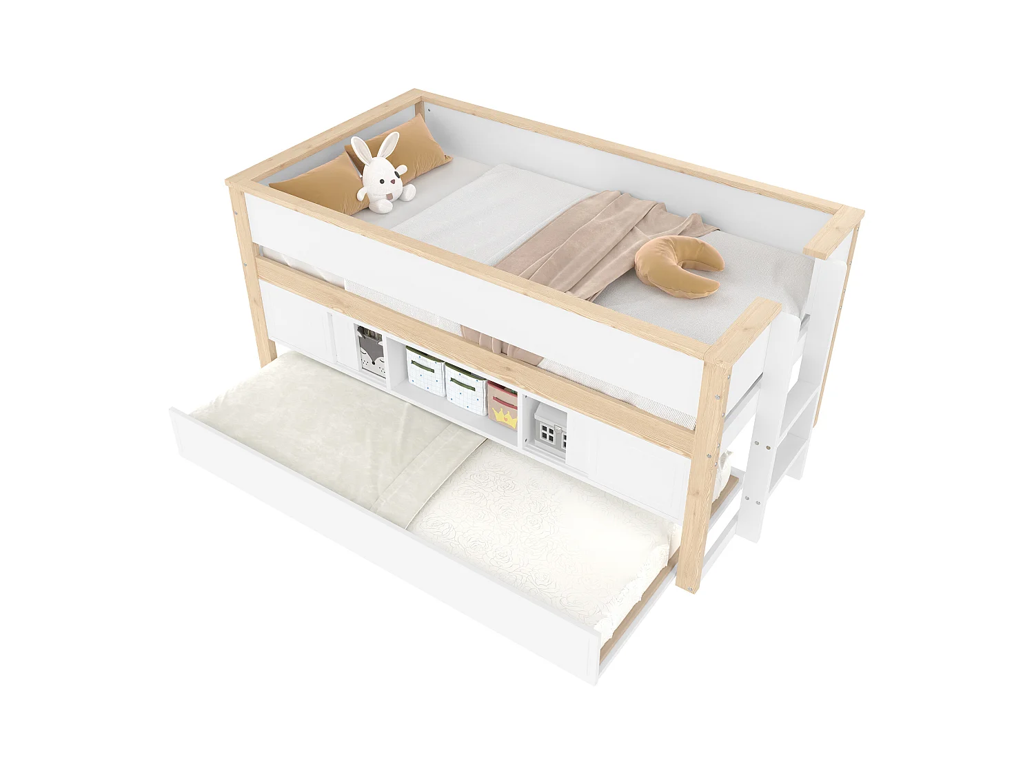 Lit enfant 90x200 cm - avec lit gigogne - multiples rangements - blanc + naturel (matelas non inclus)