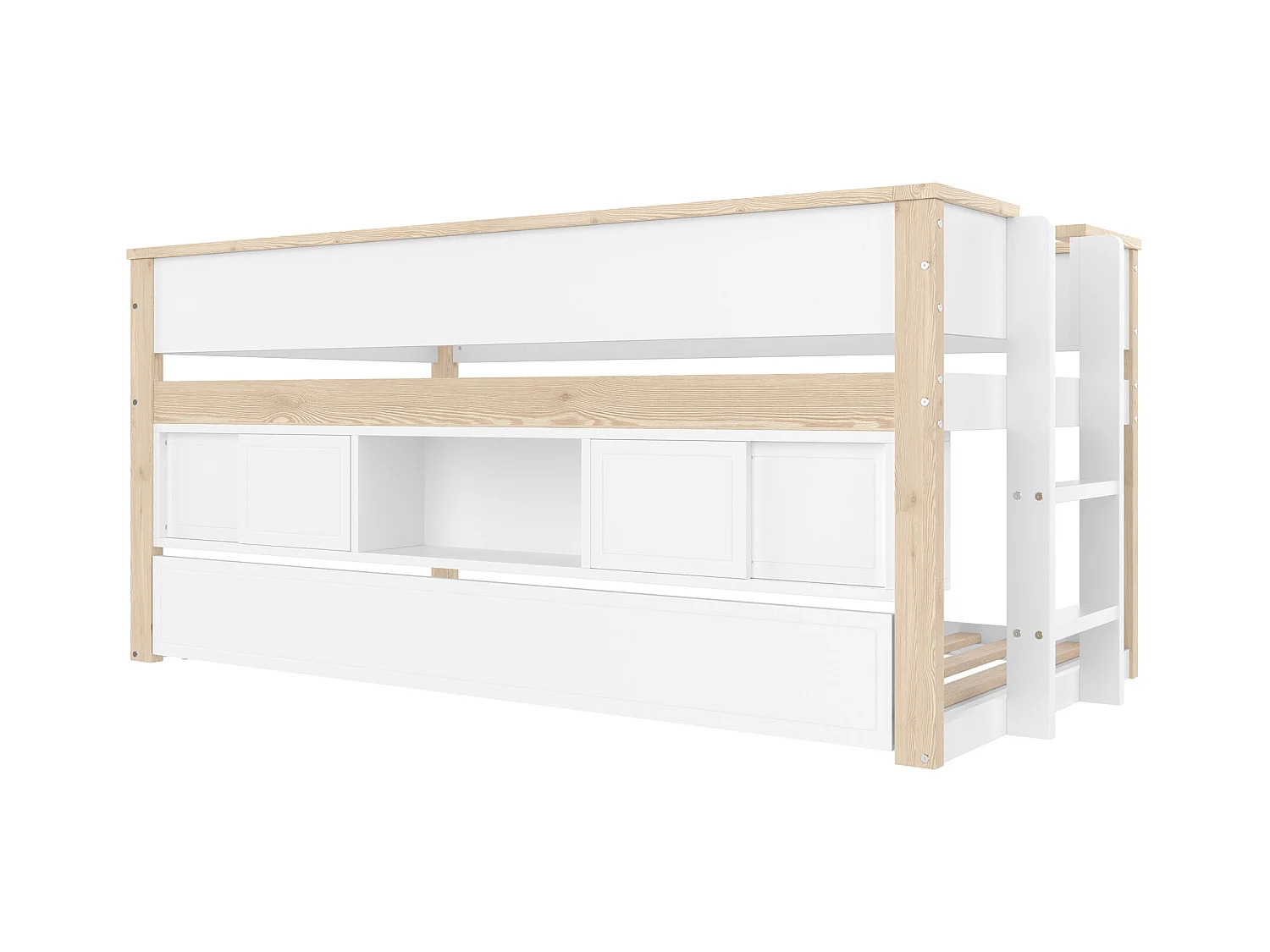 Lit enfant 90x200 cm - avec lit gigogne - multiples rangements - blanc + naturel (matelas non inclus)