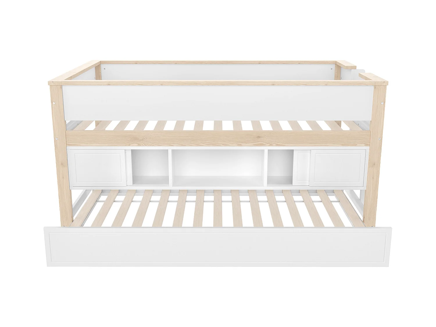 Lit enfant 90x200 cm - avec lit gigogne - multiples rangements - blanc + naturel (matelas non inclus)