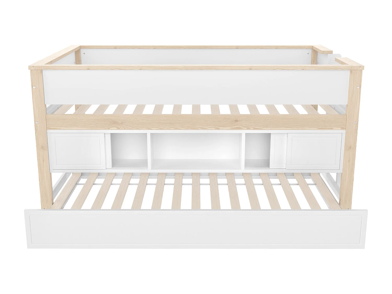 Lit enfant 90x200 cm - avec lit gigogne - multiples rangements - blanc + naturel (matelas non inclus)
