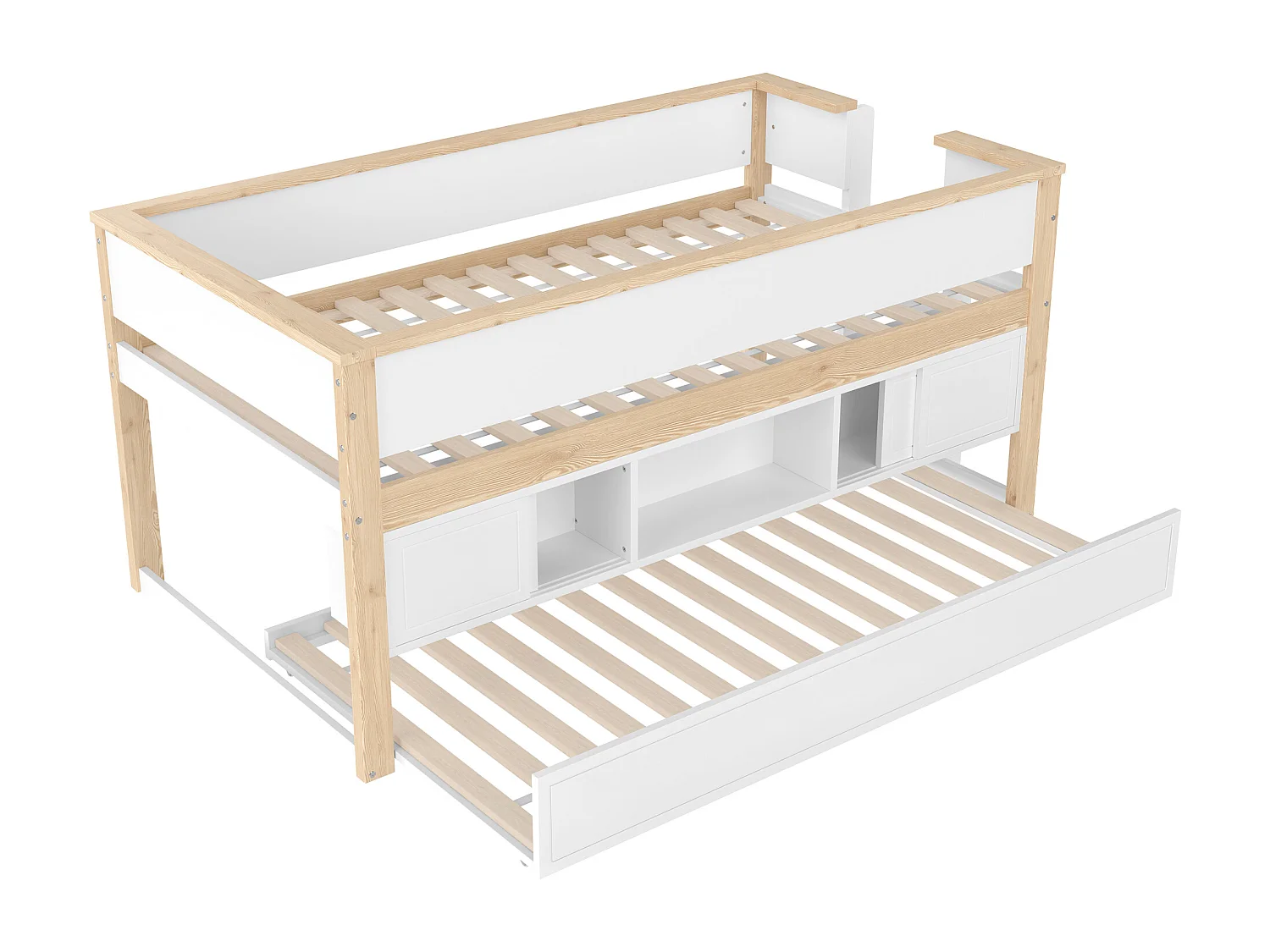 Lit enfant 90x200 cm - avec lit gigogne - multiples rangements - blanc + naturel (matelas non inclus)
