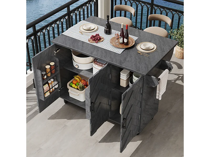 Îlot central extensible avec roulettes avec 3 portes - 99 x 70 (40) x 90 cm - MDF + métal - gris