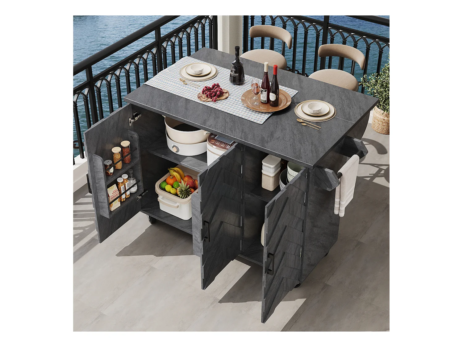 Îlot central extensible avec roulettes avec 3 portes - 99 x 70 (40) x 90 cm - MDF + métal - gris