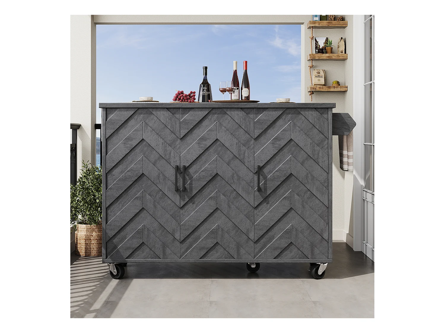 Îlot central extensible avec roulettes avec 3 portes - 99 x 70 (40) x 90 cm - MDF + métal - gris