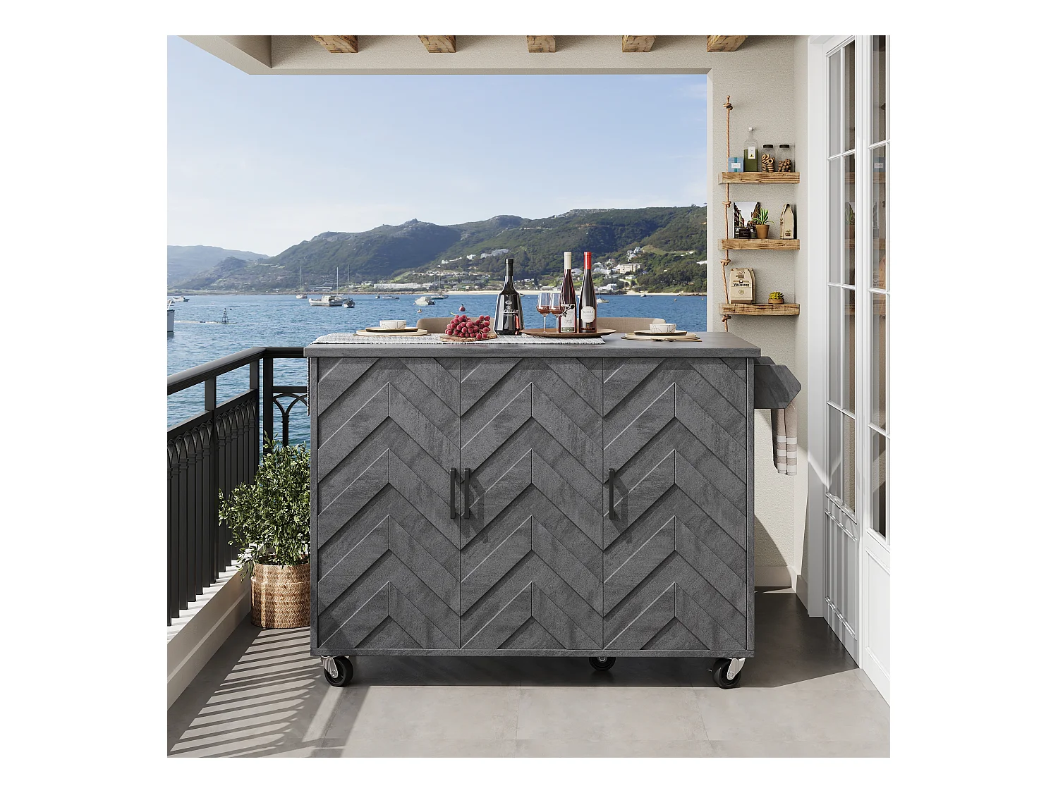 Îlot central extensible avec roulettes avec 3 portes - 99 x 70 (40) x 90 cm - MDF + métal - gris