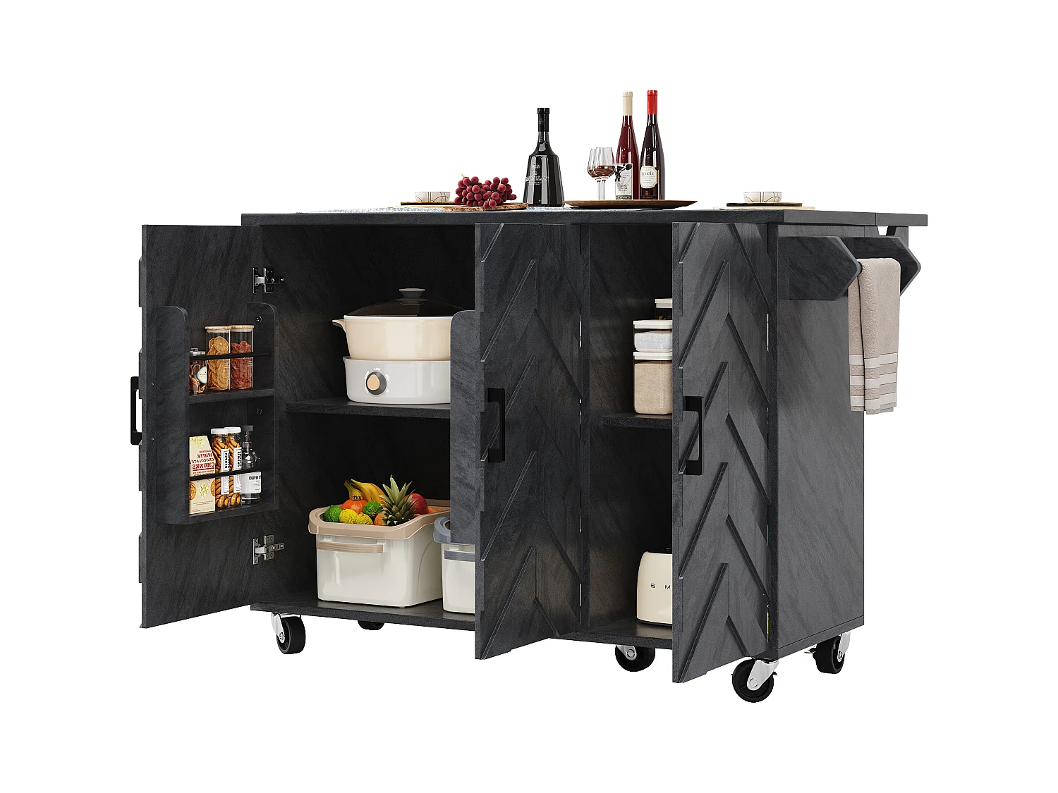 Îlot central extensible avec roulettes avec 3 portes - 99 x 70 (40) x 90 cm - MDF + métal - gris