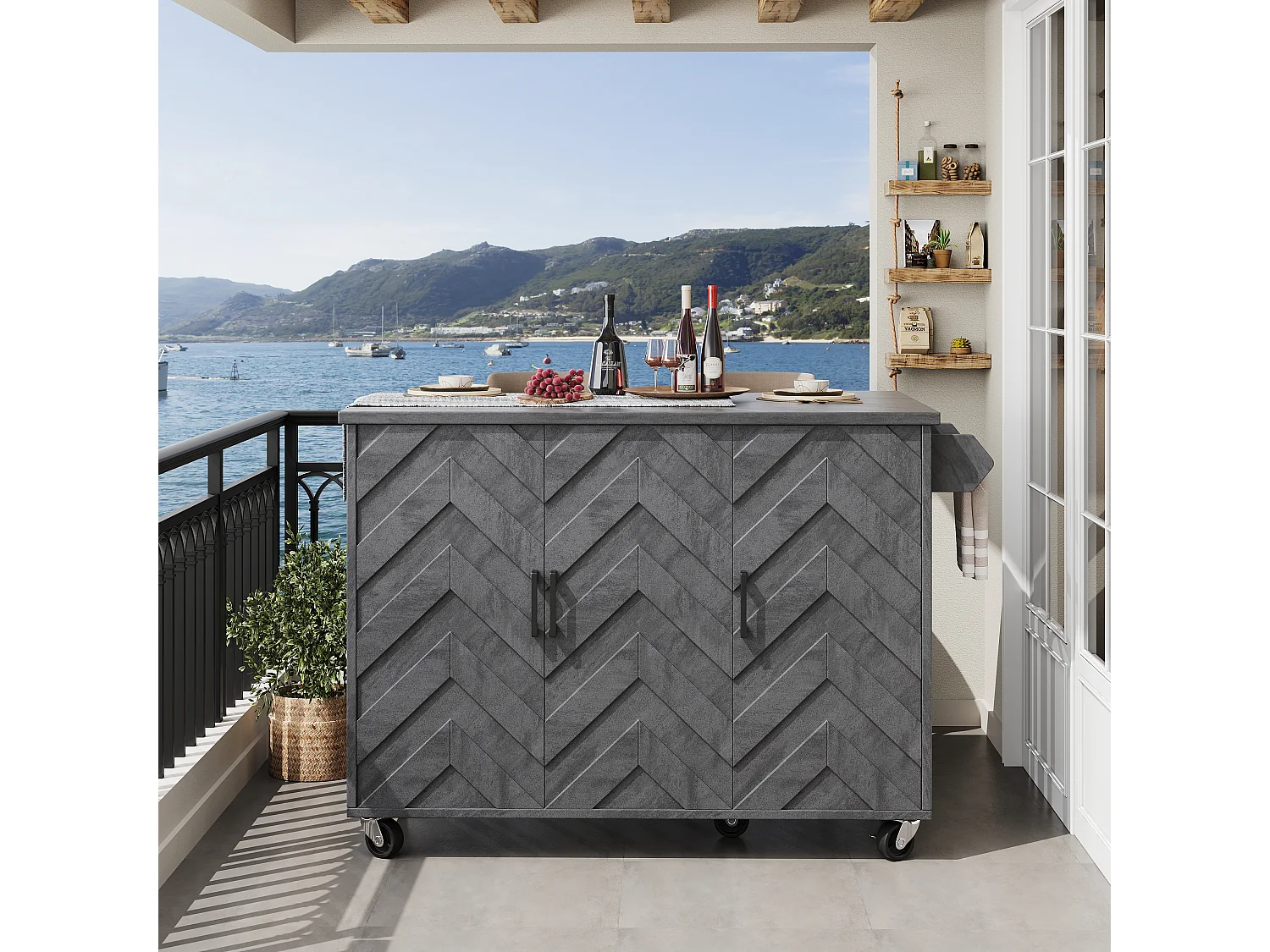 Îlot central extensible avec roulettes avec 3 portes - 99 x 70 (40) x 90 cm - MDF + métal - gris