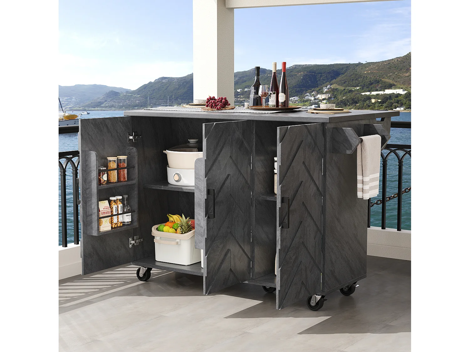 Îlot central extensible avec roulettes avec 3 portes - 99 x 70 (40) x 90 cm - MDF + métal - gris