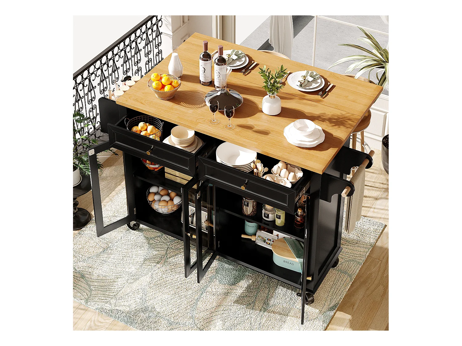 Îlot central extensible à roulettes - 140 x 73.5(44.5)x 90 cm - avec 4 portes + 2 tiroirs - MDF - noir