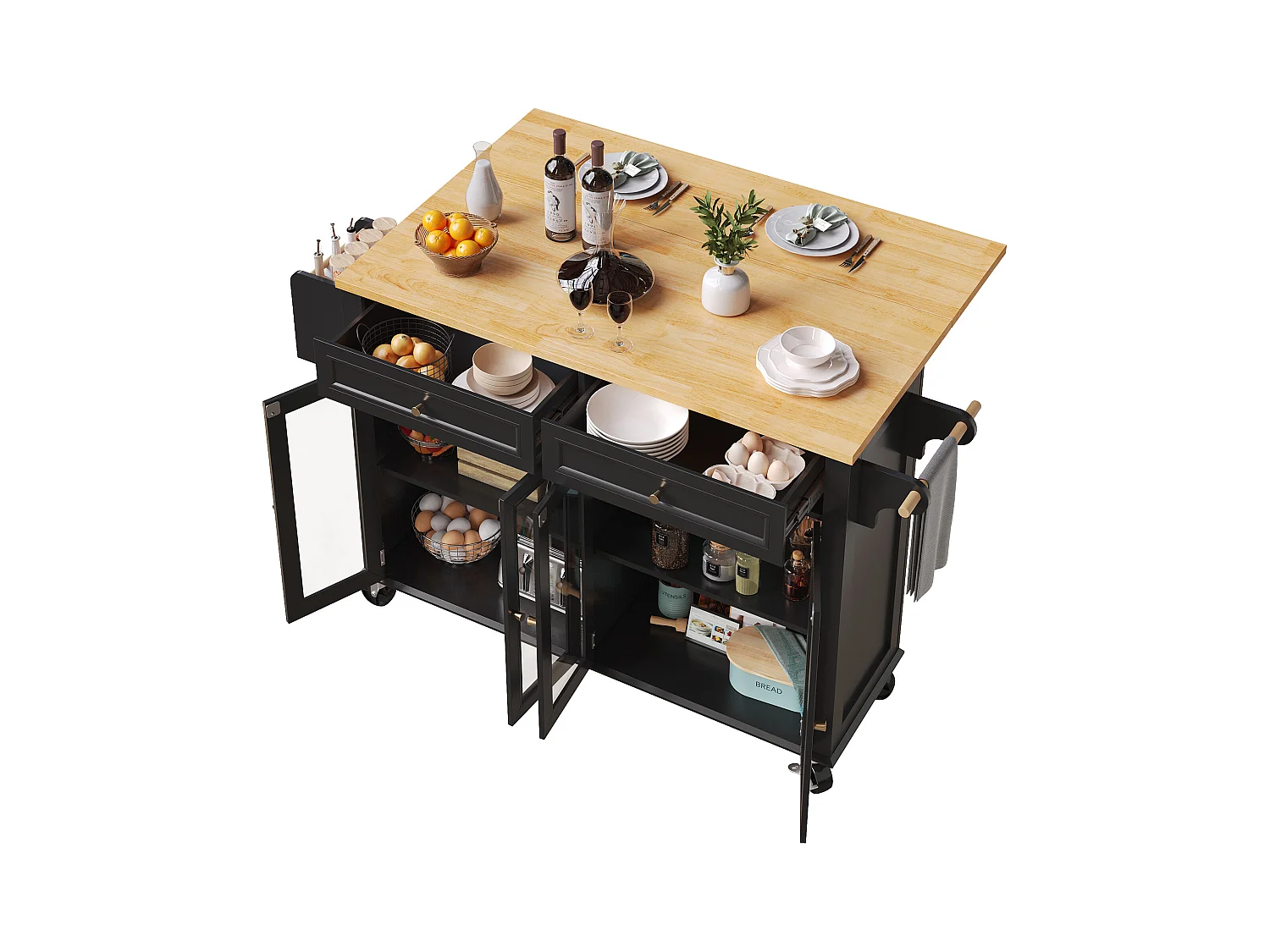 Îlot central extensible à roulettes - 140 x 73.5(44.5)x 90 cm - avec 4 portes + 2 tiroirs - MDF - noir