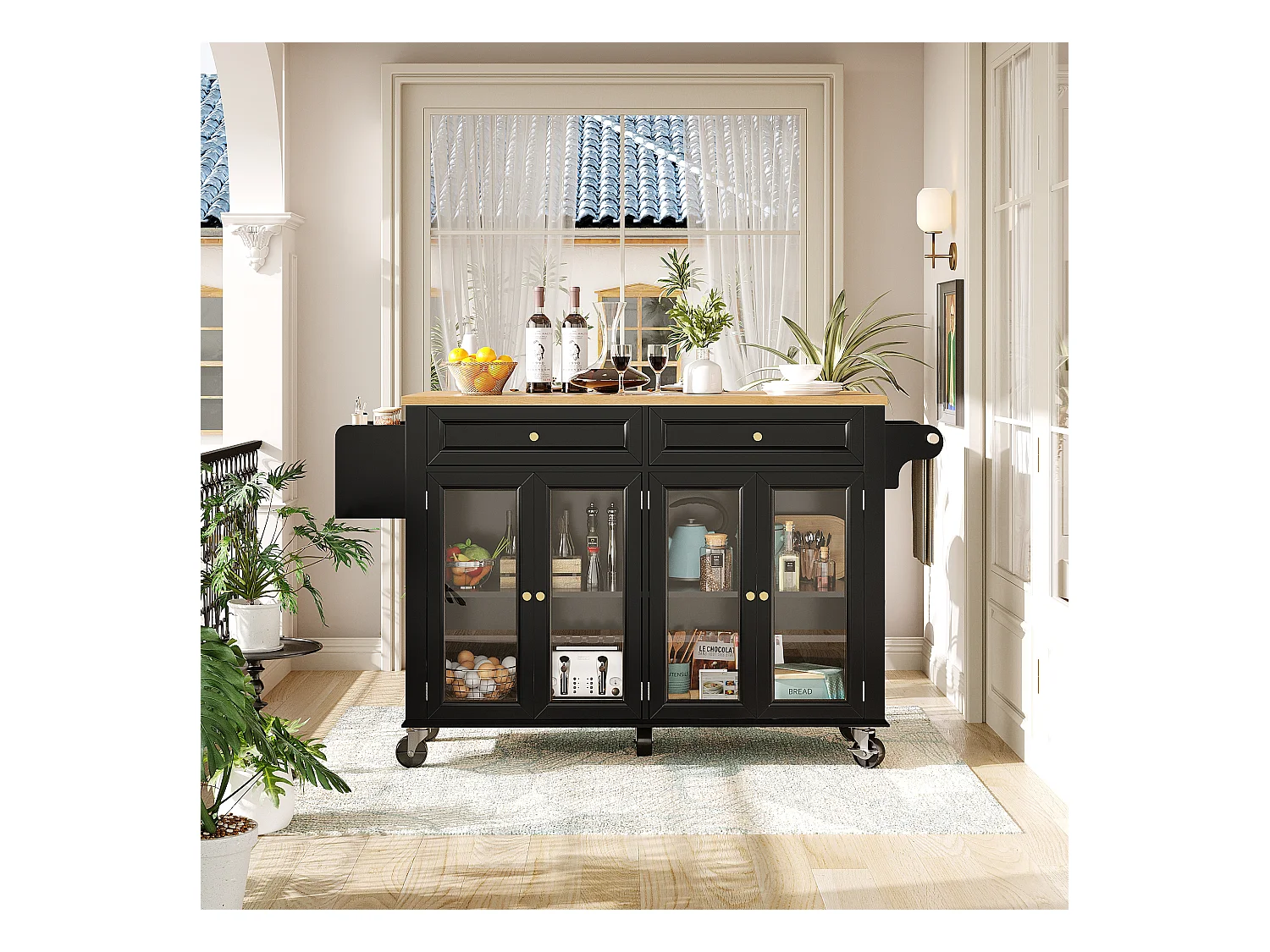 Îlot central extensible à roulettes - 140 x 73.5(44.5)x 90 cm - avec 4 portes + 2 tiroirs - MDF - noir