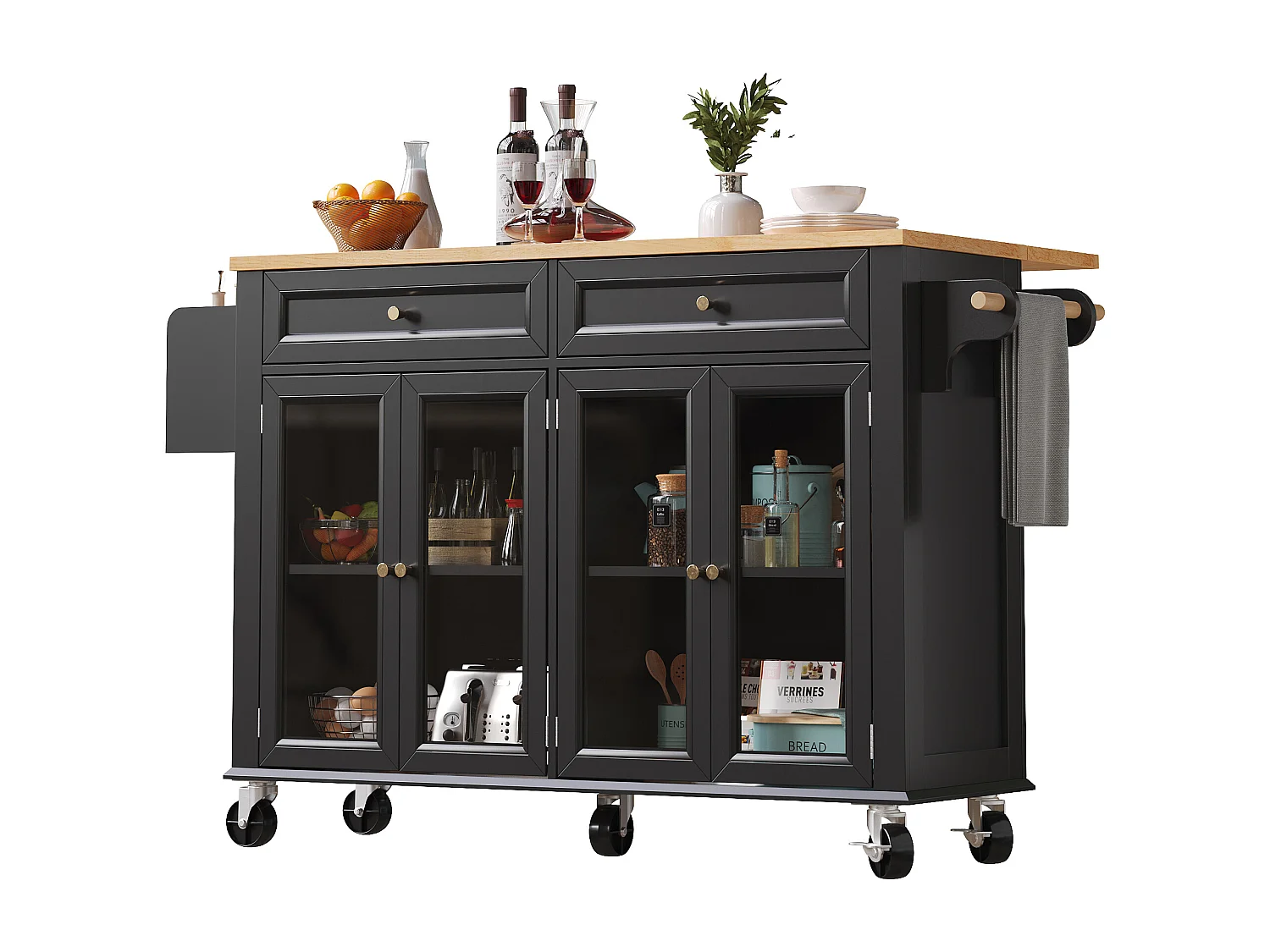 Îlot central extensible à roulettes - 140 x 73.5(44.5)x 90 cm - avec 4 portes + 2 tiroirs - MDF - noir