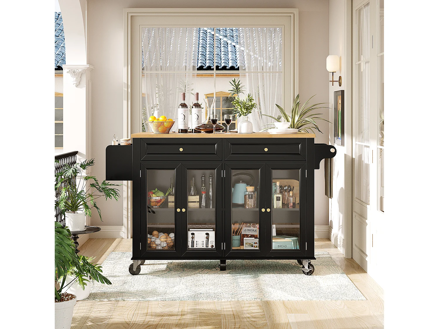 Îlot central extensible à roulettes - 140 x 73.5(44.5)x 90 cm - avec 4 portes + 2 tiroirs - MDF - noir