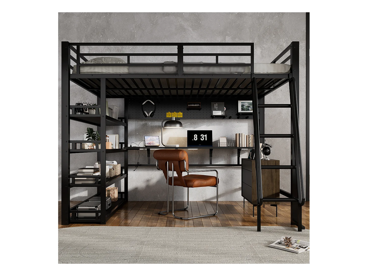 Lit mezzanine en fer - 140 x 200 cm - avec étagères de rangement + bureau - fer + aggloméré - noir