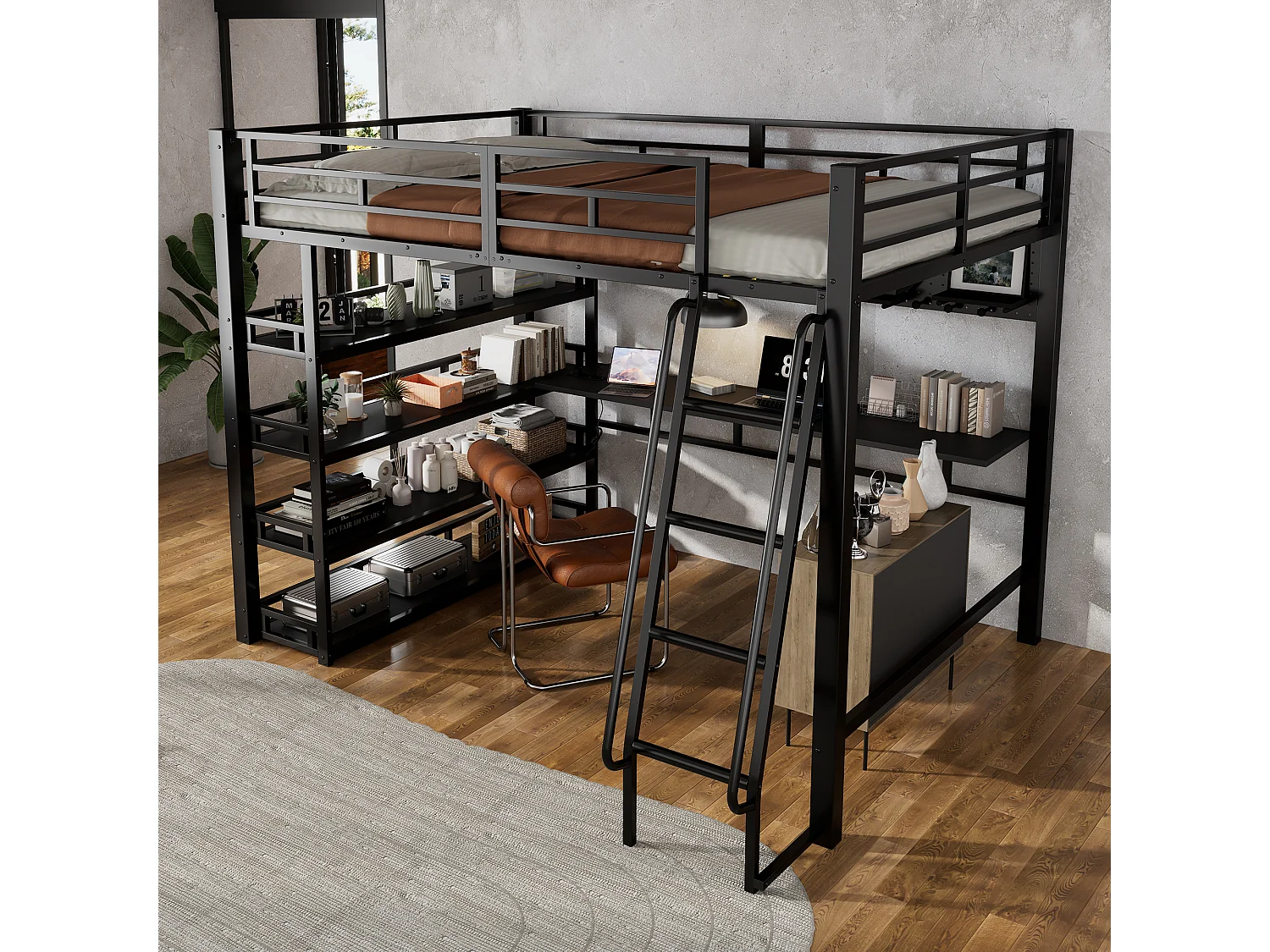 Lit mezzanine en fer - 140 x 200 cm - avec étagères de rangement + bureau - fer + aggloméré - noir