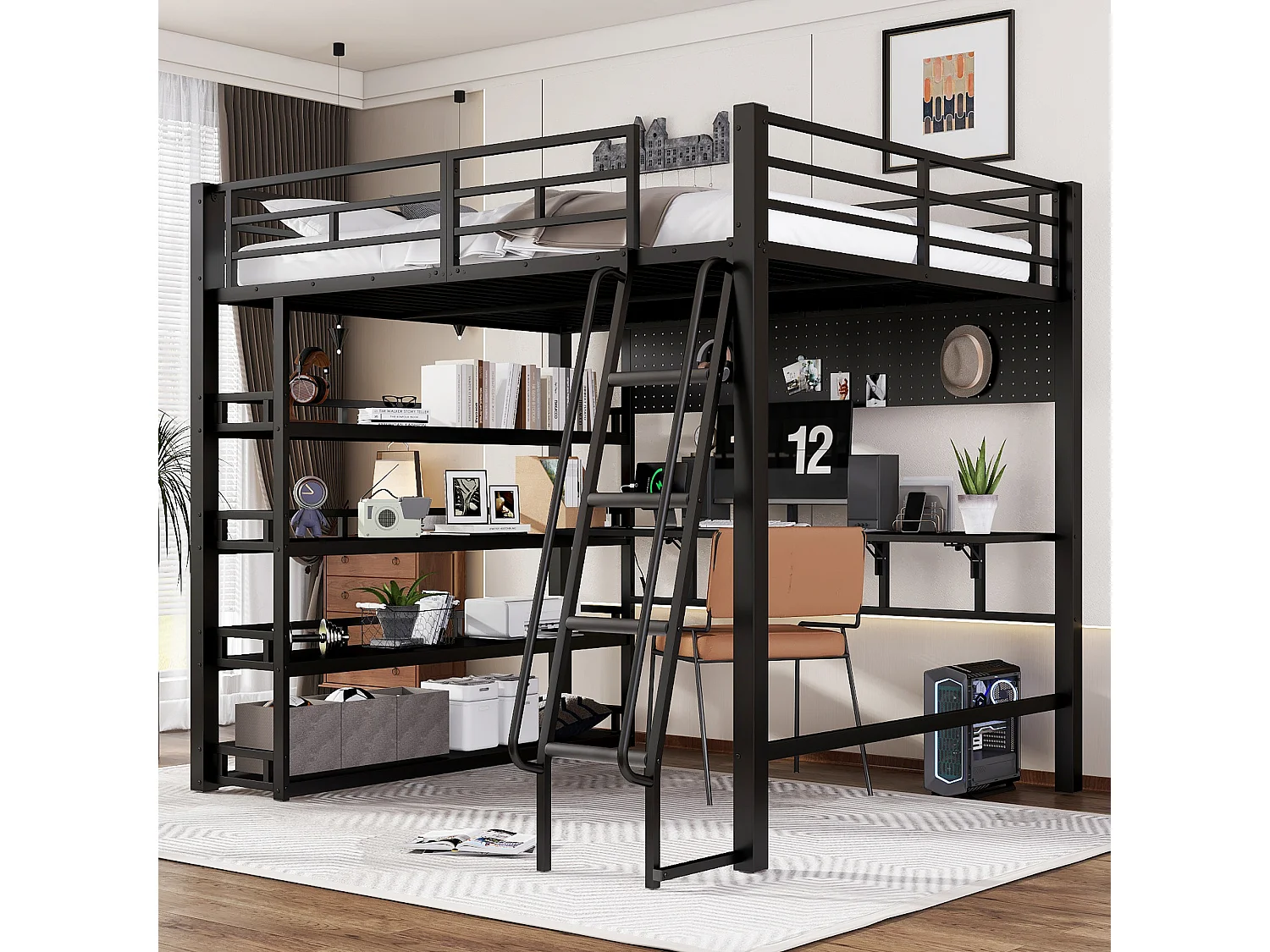 Lit mezzanine en fer - 140 x 200 cm - avec étagères de rangement + bureau - fer + aggloméré - noir