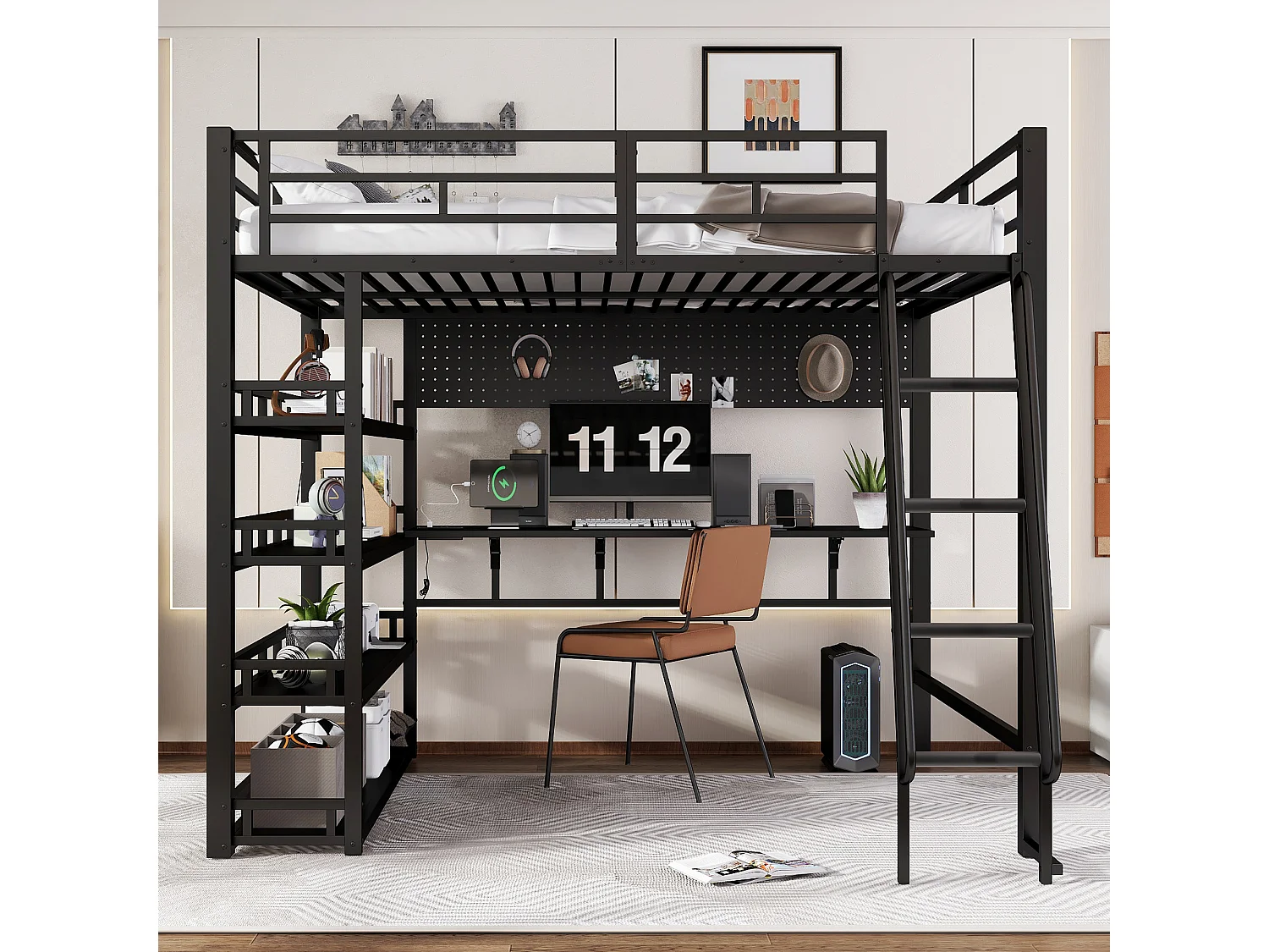 Lit mezzanine en fer - 140 x 200 cm - avec étagères de rangement + bureau - fer + aggloméré - noir