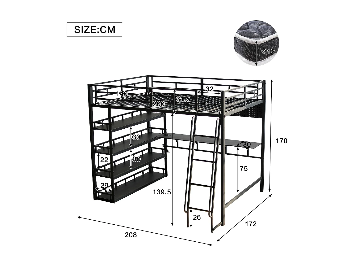 Lit mezzanine en fer - 140 x 200 cm - avec étagères de rangement + bureau - fer + aggloméré - noir