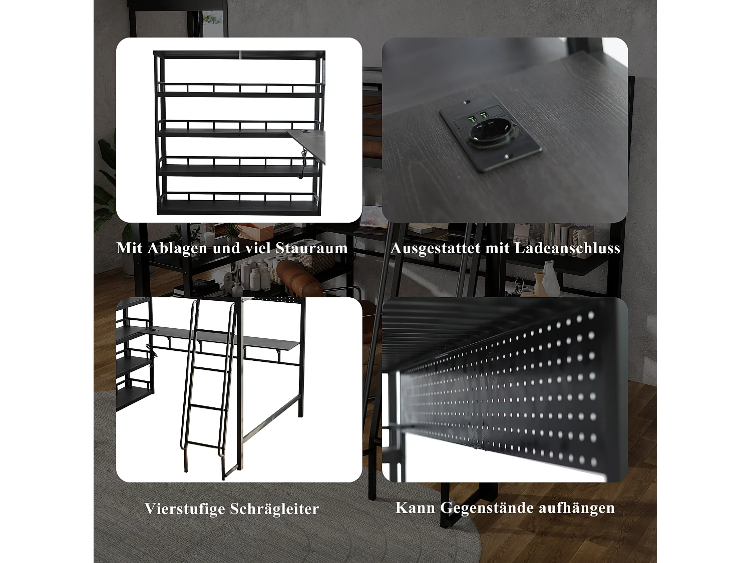 Lit mezzanine en fer - 140 x 200 cm - avec étagères de rangement + bureau - fer + aggloméré - noir