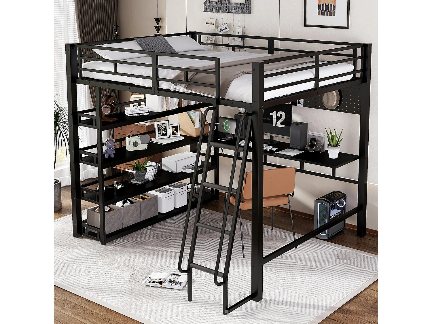 Lit mezzanine en fer - 140 x 200 cm - avec étagères de rangement + bureau - fer + aggloméré - noir