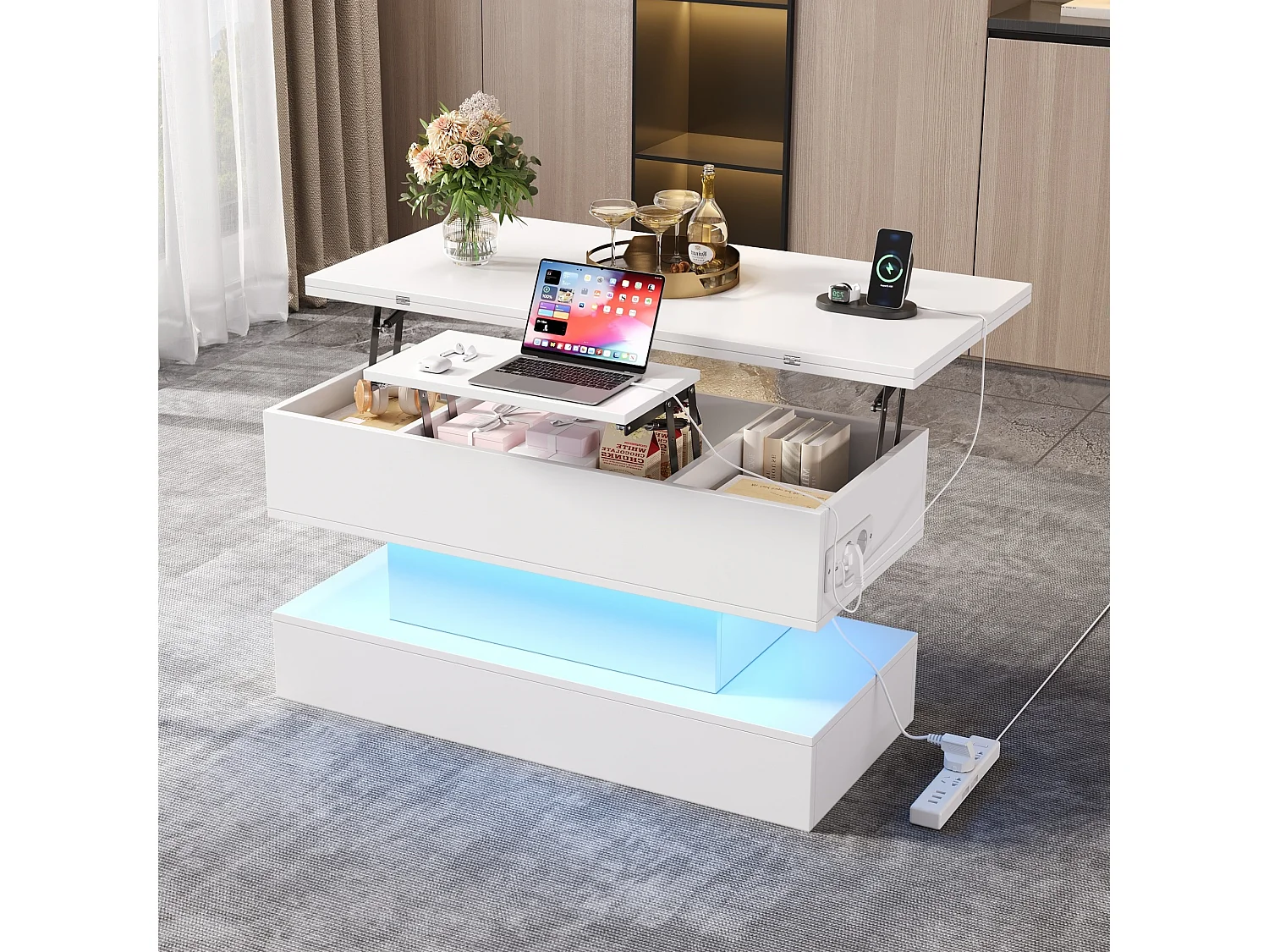 Table basse relevable avec USB + Leds + rangement - 100 x 50 x 51.5 cm - aggloméré - blanc
