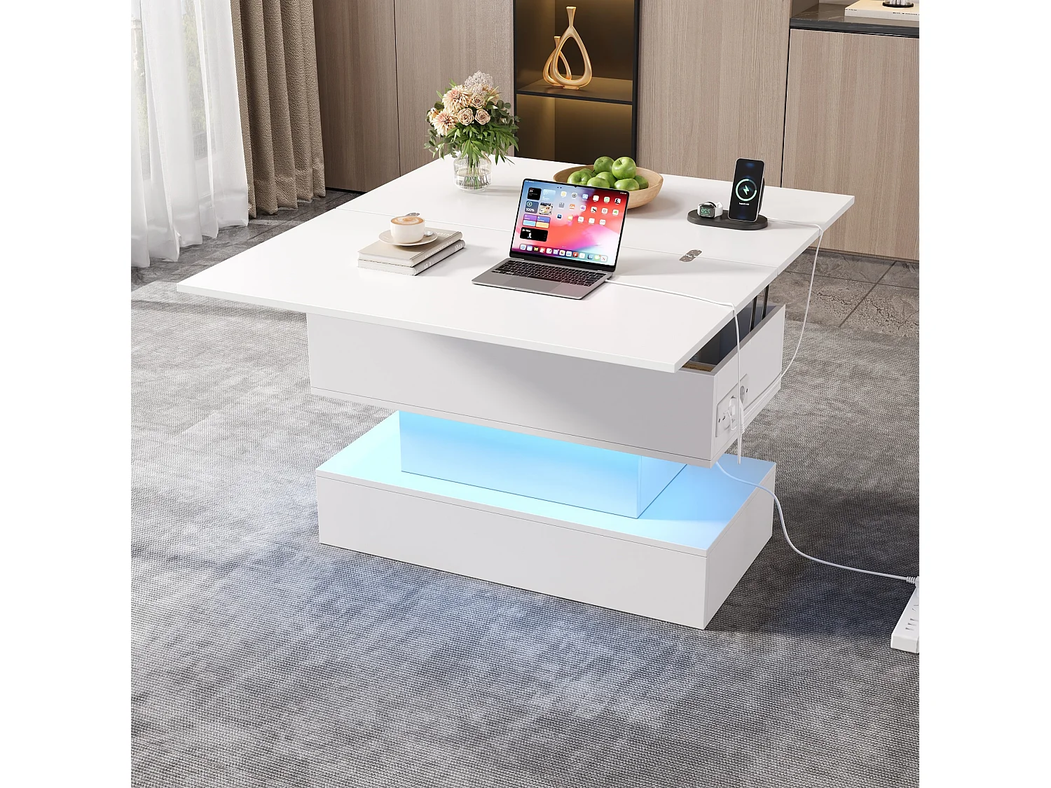 Table basse relevable avec USB + Leds + rangement - 100 x 50 x 51.5 cm - aggloméré - blanc