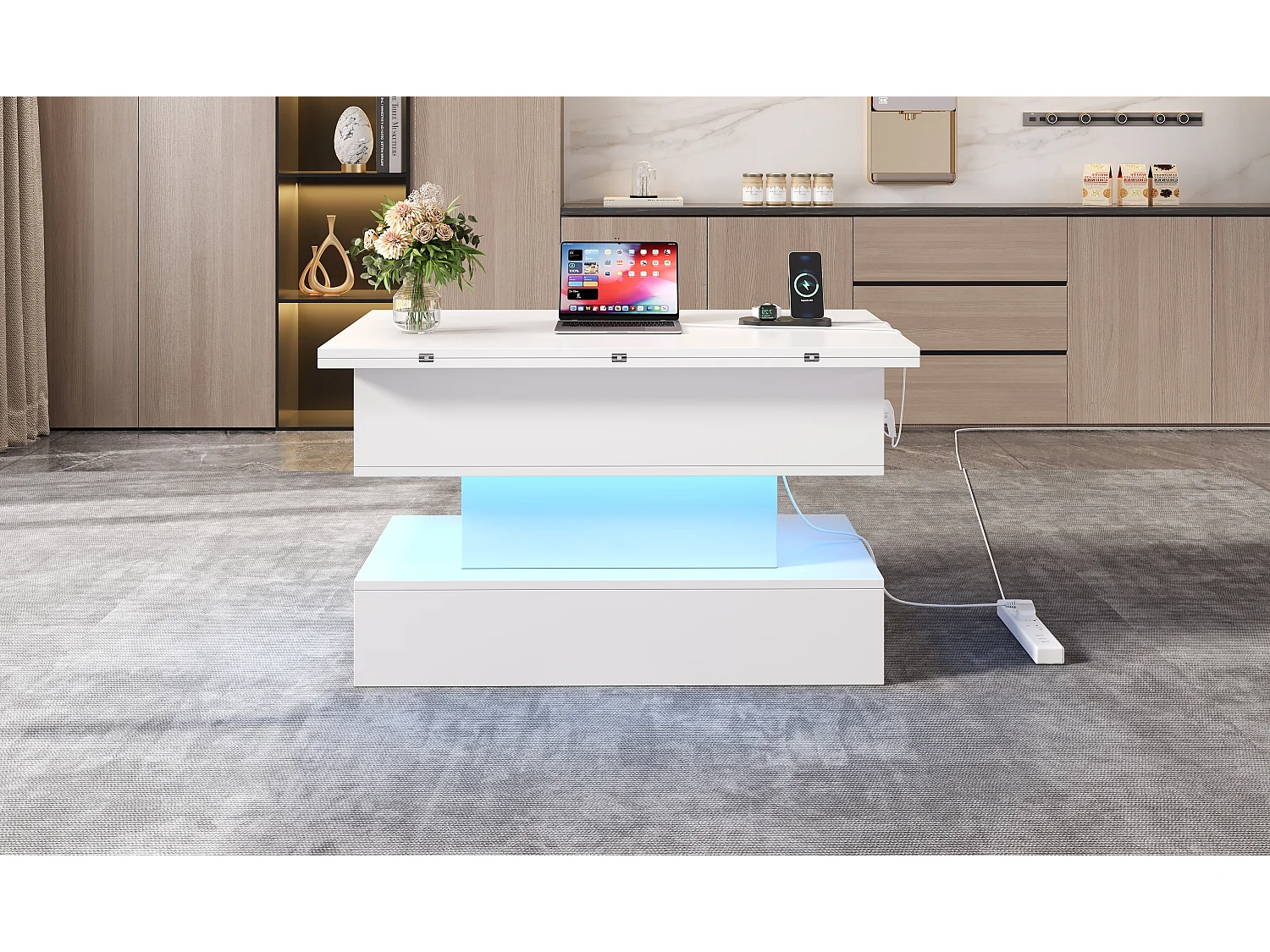 Table basse relevable avec USB + Leds + rangement - 100 x 50 x 51.5 cm - aggloméré - blanc