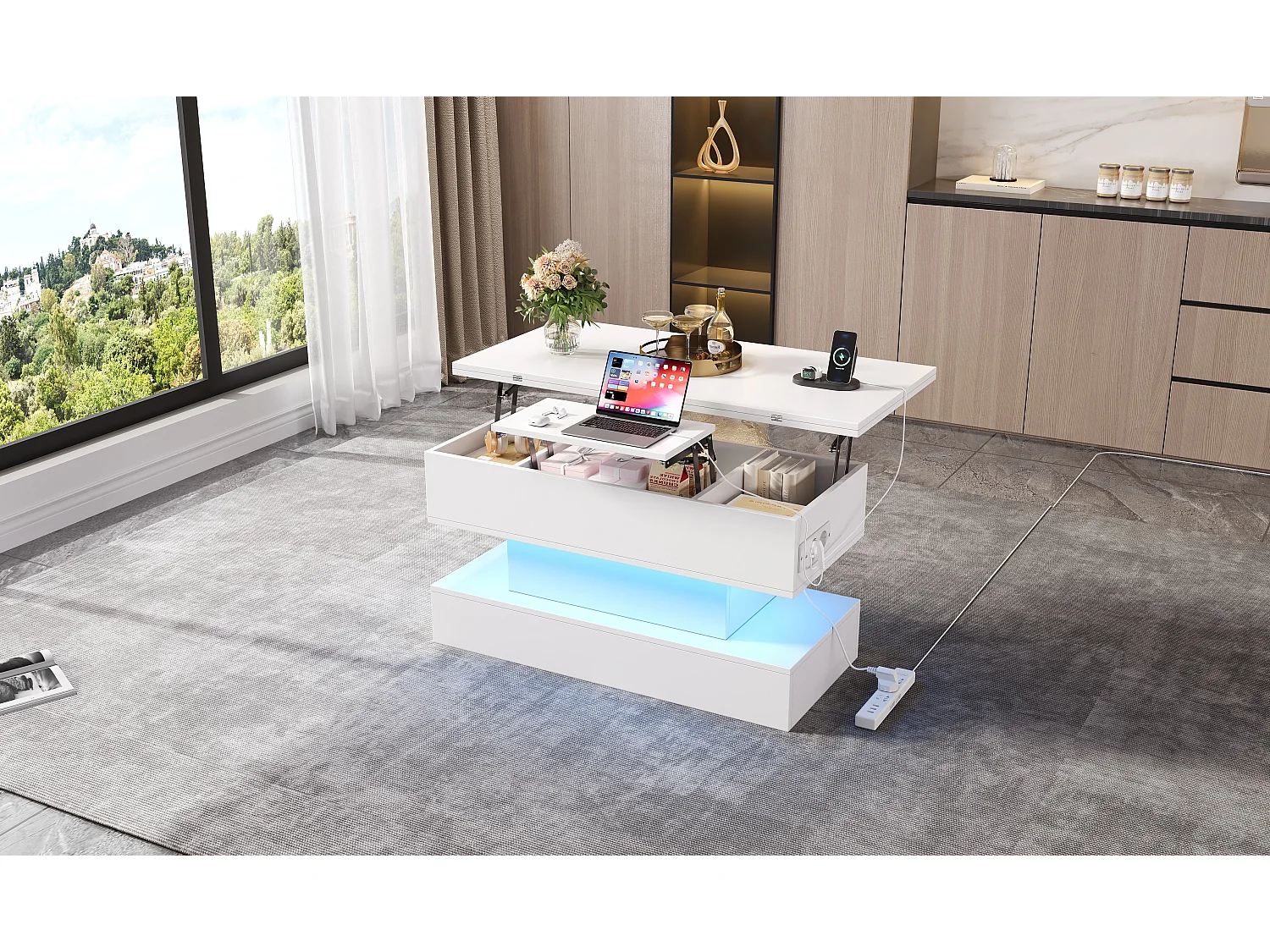 Table basse relevable avec USB + Leds + rangement - 100 x 50 x 51.5 cm - aggloméré - blanc