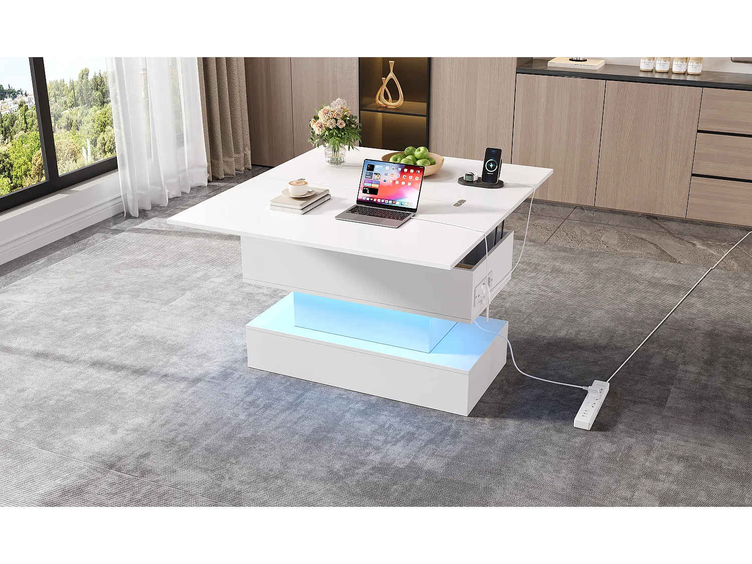 Table basse relevable avec USB + Leds + rangement - 100 x 50 x 51.5 cm - aggloméré - blanc