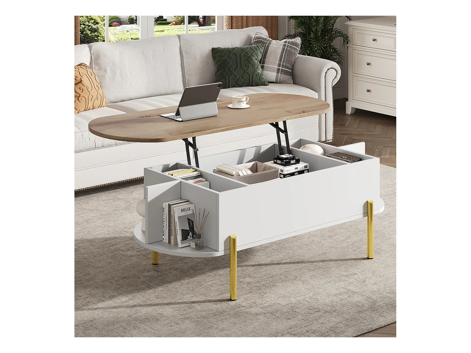 Table basse relevable avec 7 rangements - 120 x 50 x 43 cm - tables de canapé - MDF - blanc