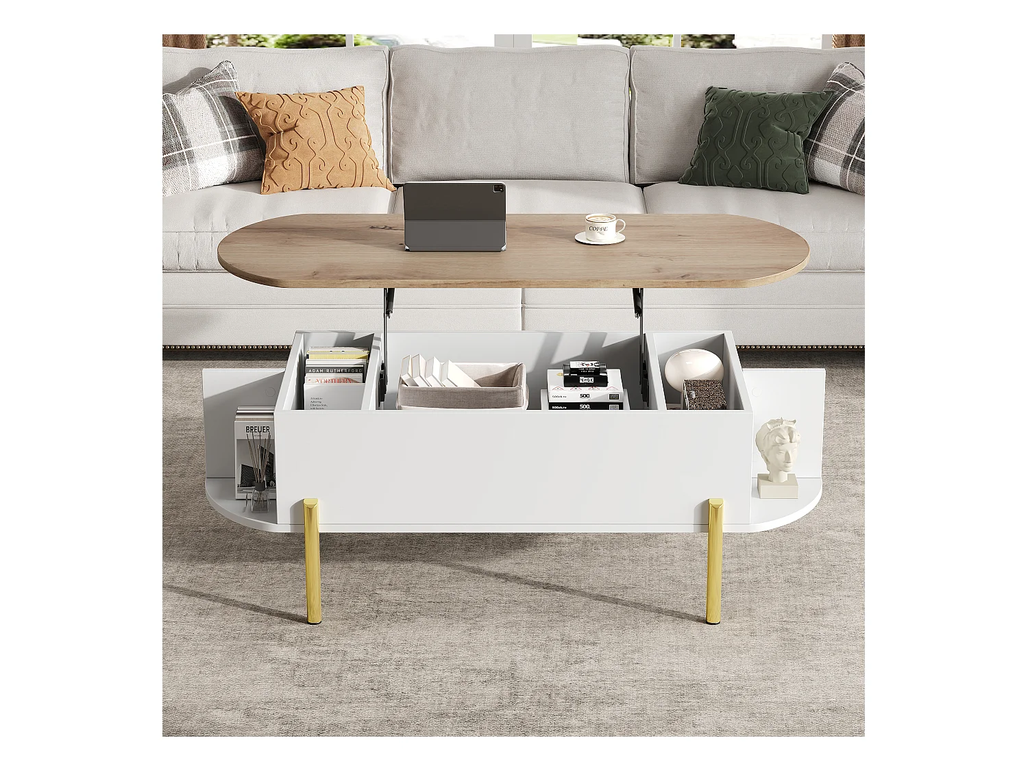 Table basse relevable avec 7 rangements - 120 x 50 x 43 cm - tables de canapé - MDF - blanc